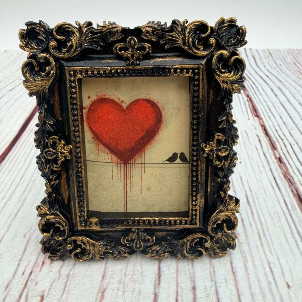 Gothic Bleeding Heart Bird Art Print Gold Black Ornate Baroque Resin Frame